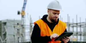 Foreman in the construction site controls the project on tablet
